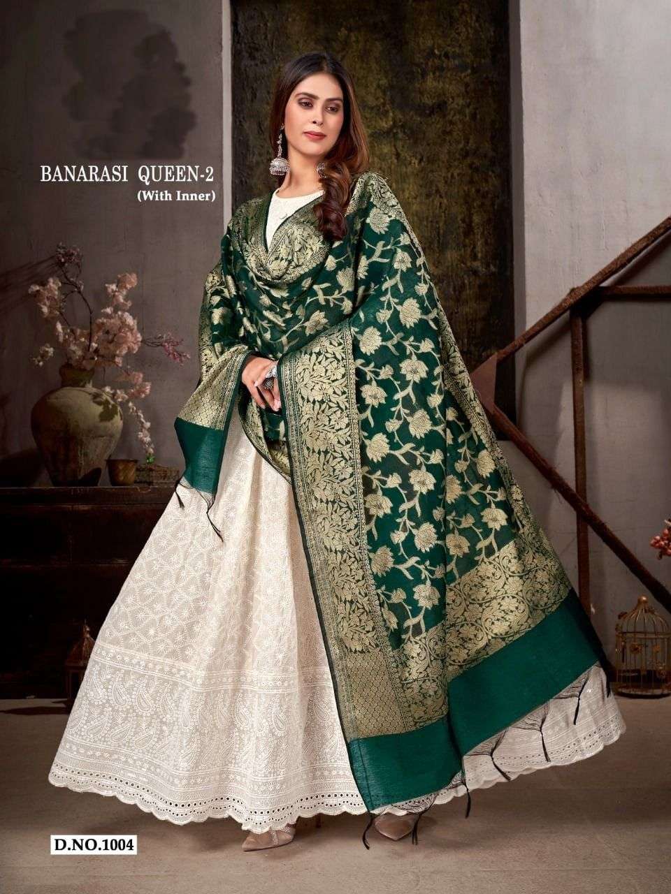 banarasi queen vol 2 designer cotton chikan gown with dupatta 