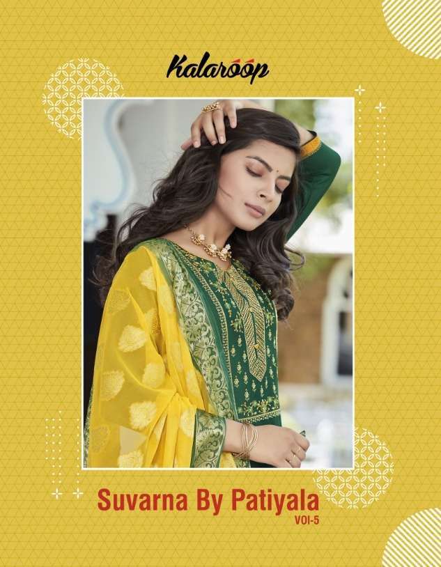 Kalaroop Suvarna By Patiyala Vol 5 series 12555-12562 pure jam silk suit