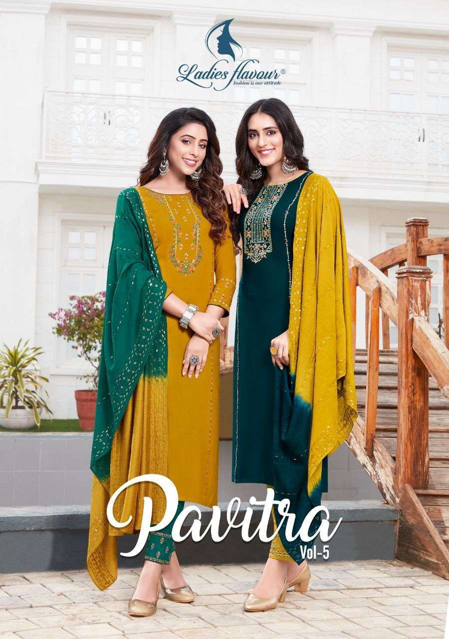 ladies flavour pavitra vol 5 series 5001-5006 14 kg heavy rayon readymade suit 