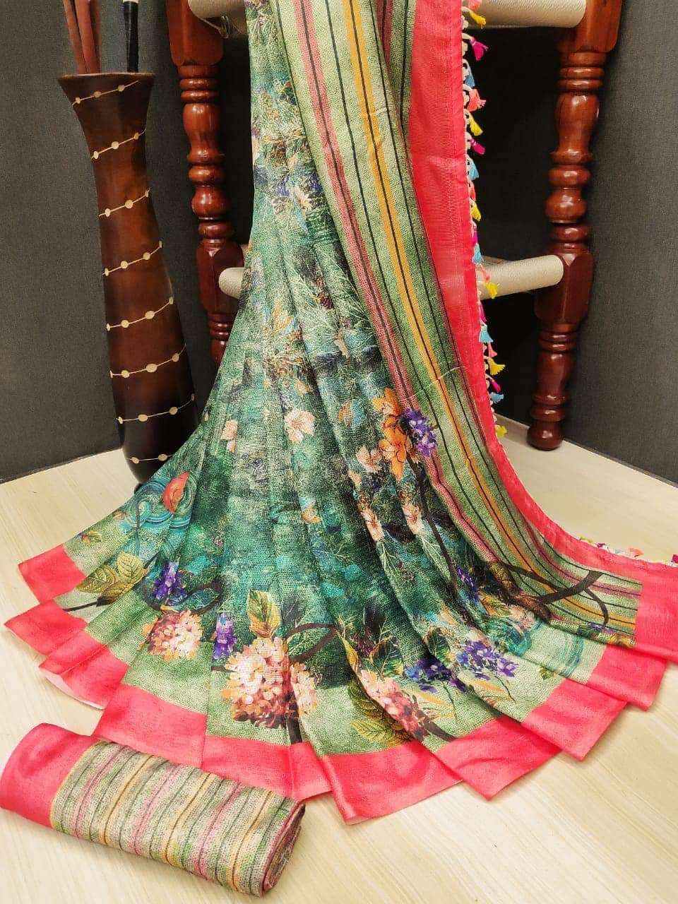 meenakumari designer linen jute saree