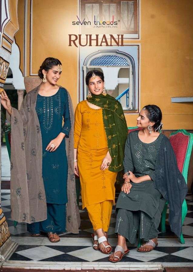 seven threads ruhani series 1001-1006 roman silk readymade suit 