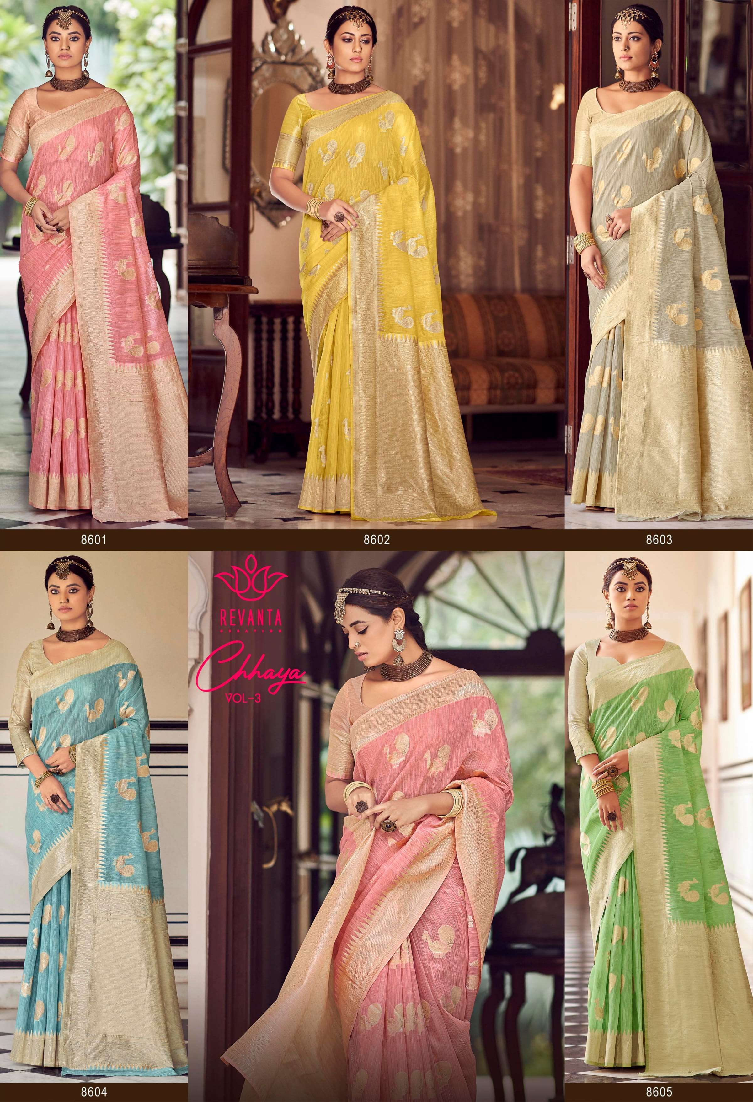 revanta chhaya vol 3 series 8601-8605 pure linen cotton saree