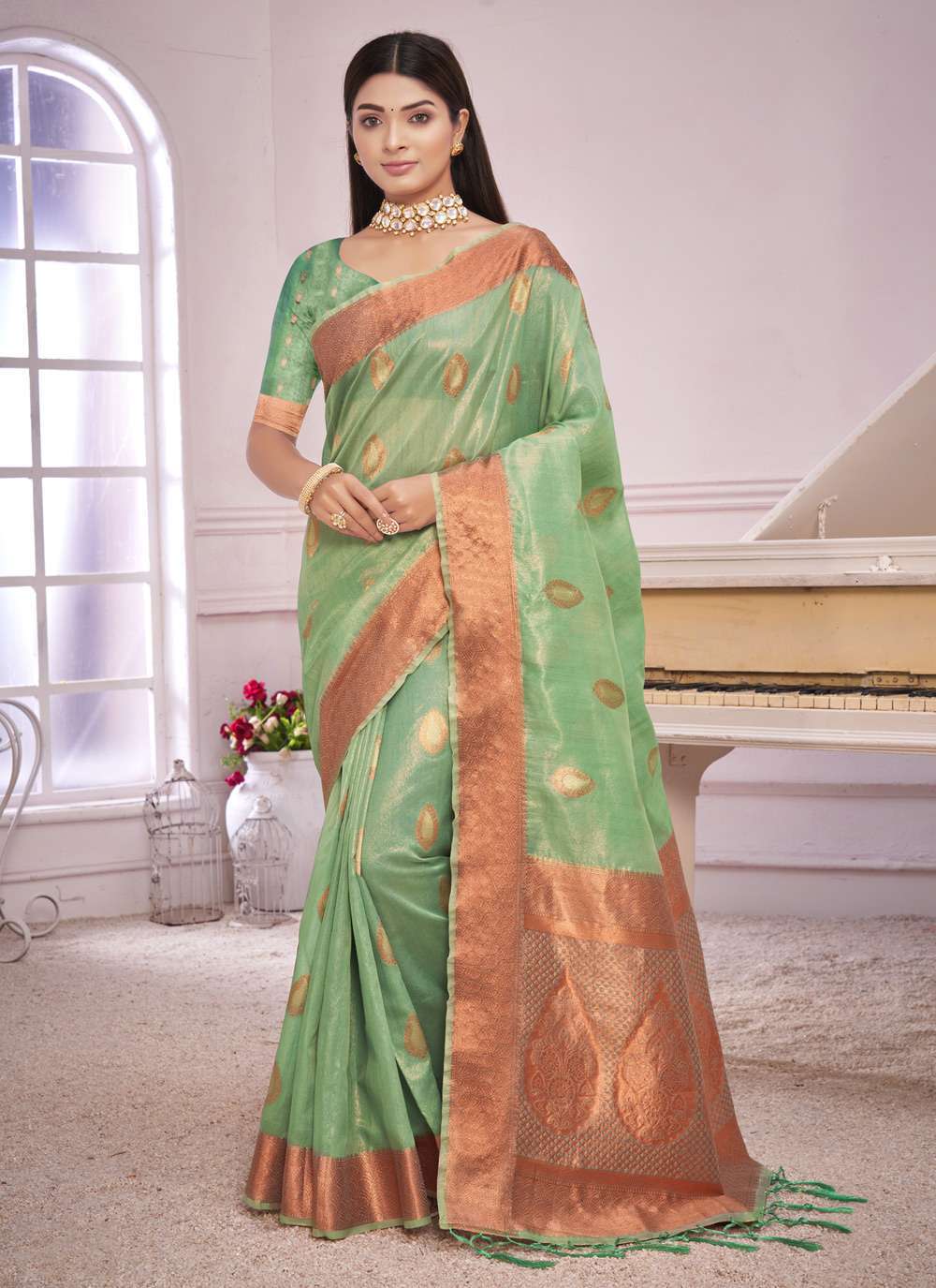 sangam prints padmini organza saree with tassels 