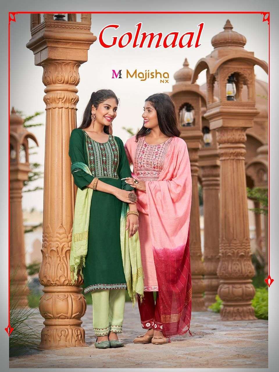 majisha nx golmal vol 1 series 1001-1008 14 kg rayon slub readymade suit 