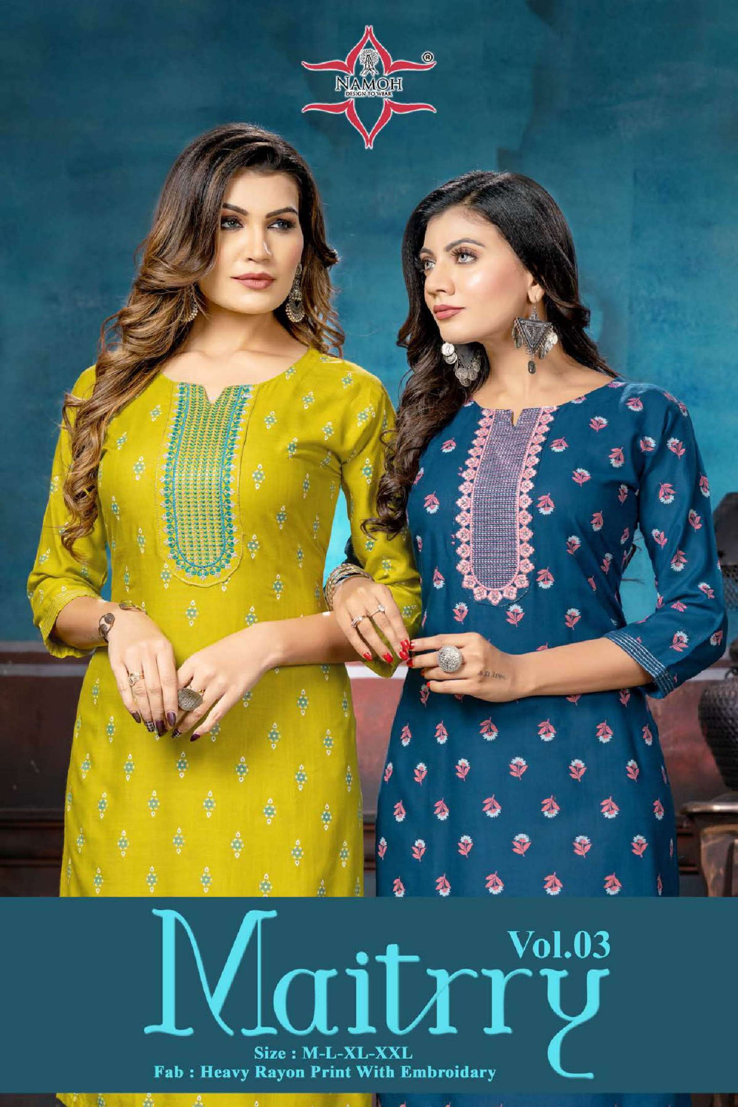 namoh maitrry vol 3 series 301-308 rayon print kurti 