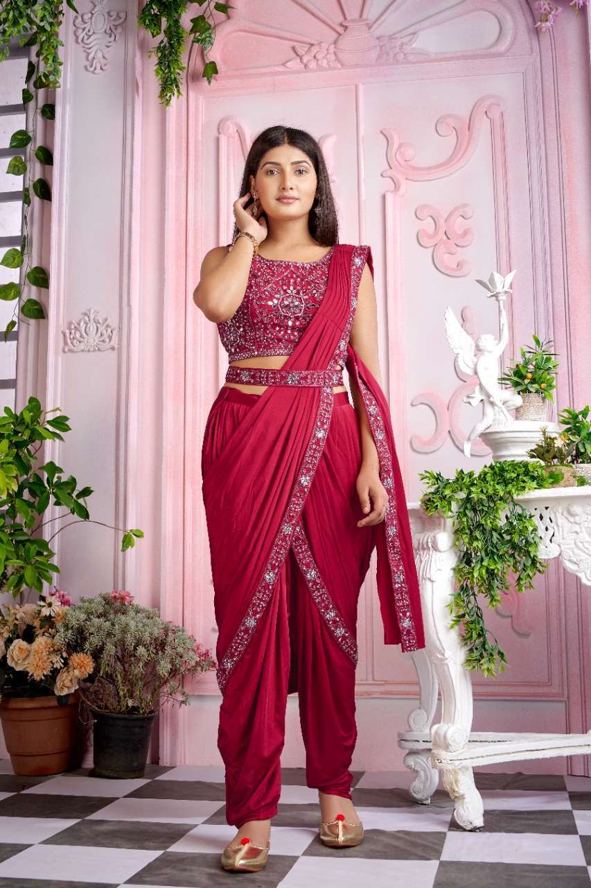 pr 1015950 Fully Stitched dhoti saree and Stitched Handwork Blouse