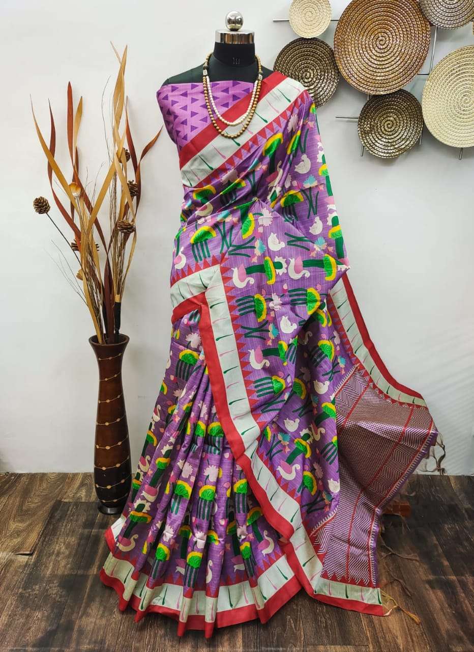 rutrang designer soft tussar silk saree with beautiful duck prints 