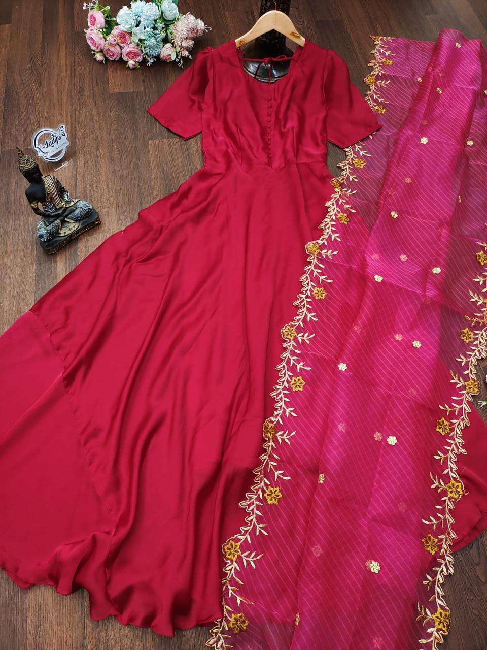 x-lady designer solid georgette red maxi dress