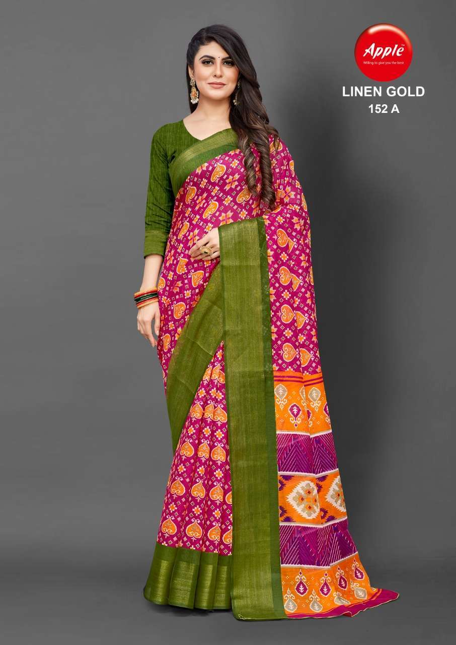 apple linen gold 152 printed linen saree