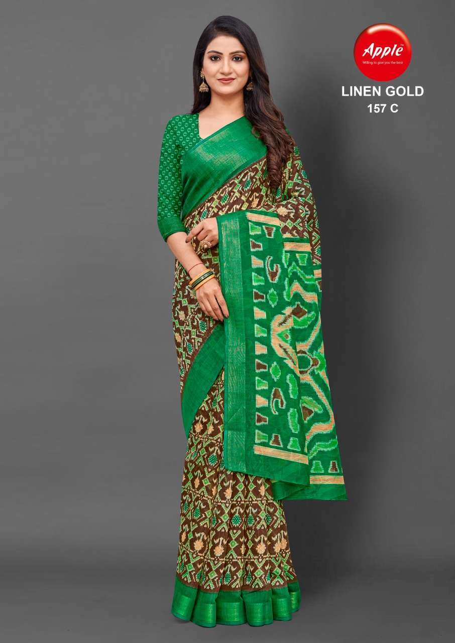 apple saree linen gold 157 printed linen saree