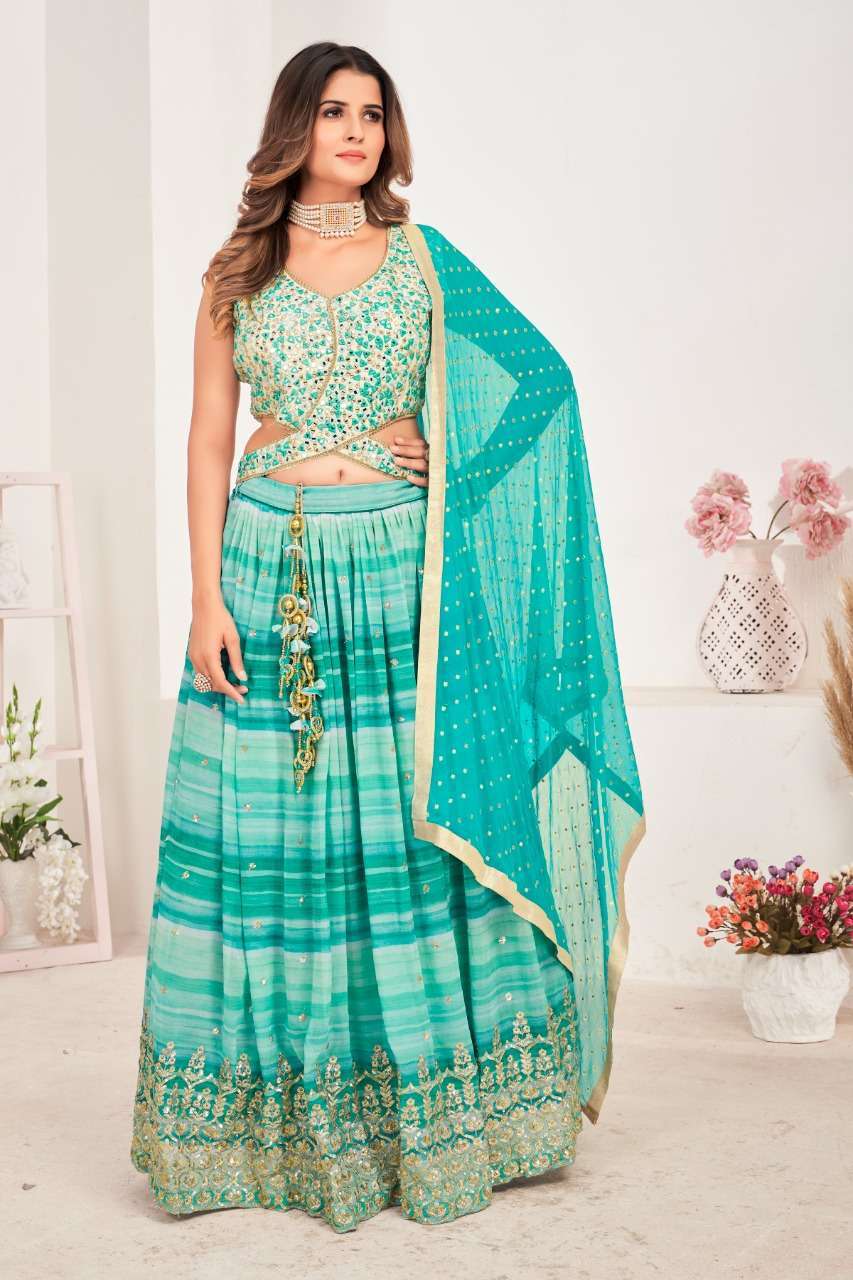 Design No C10605 pure georgette with print and embroidery lehenga 