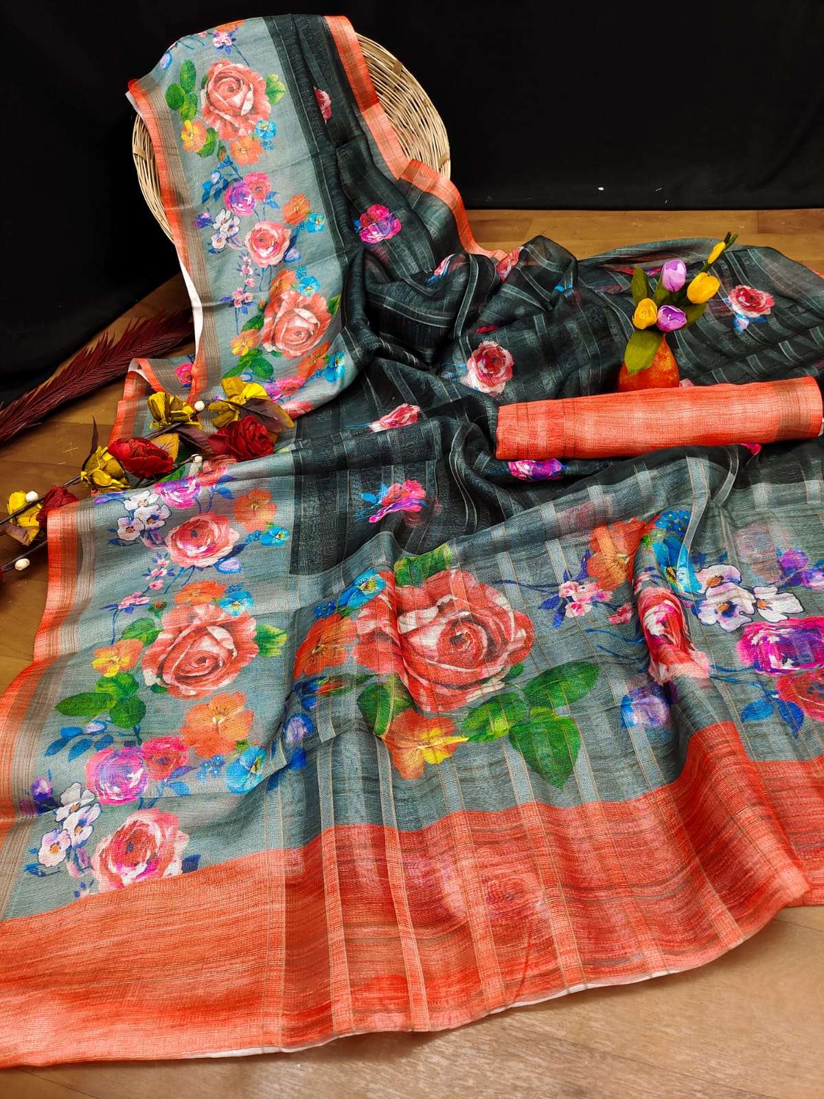 Launching Digital Print Soft Linen Sarees