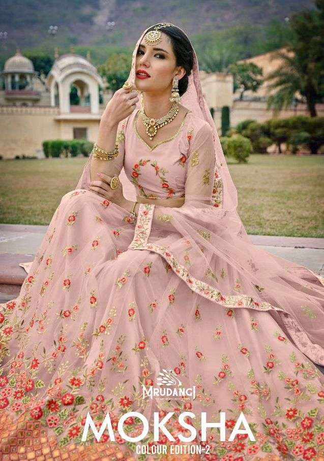 mrudangi moksha colour edition series 1066 net silk satin lehenga 