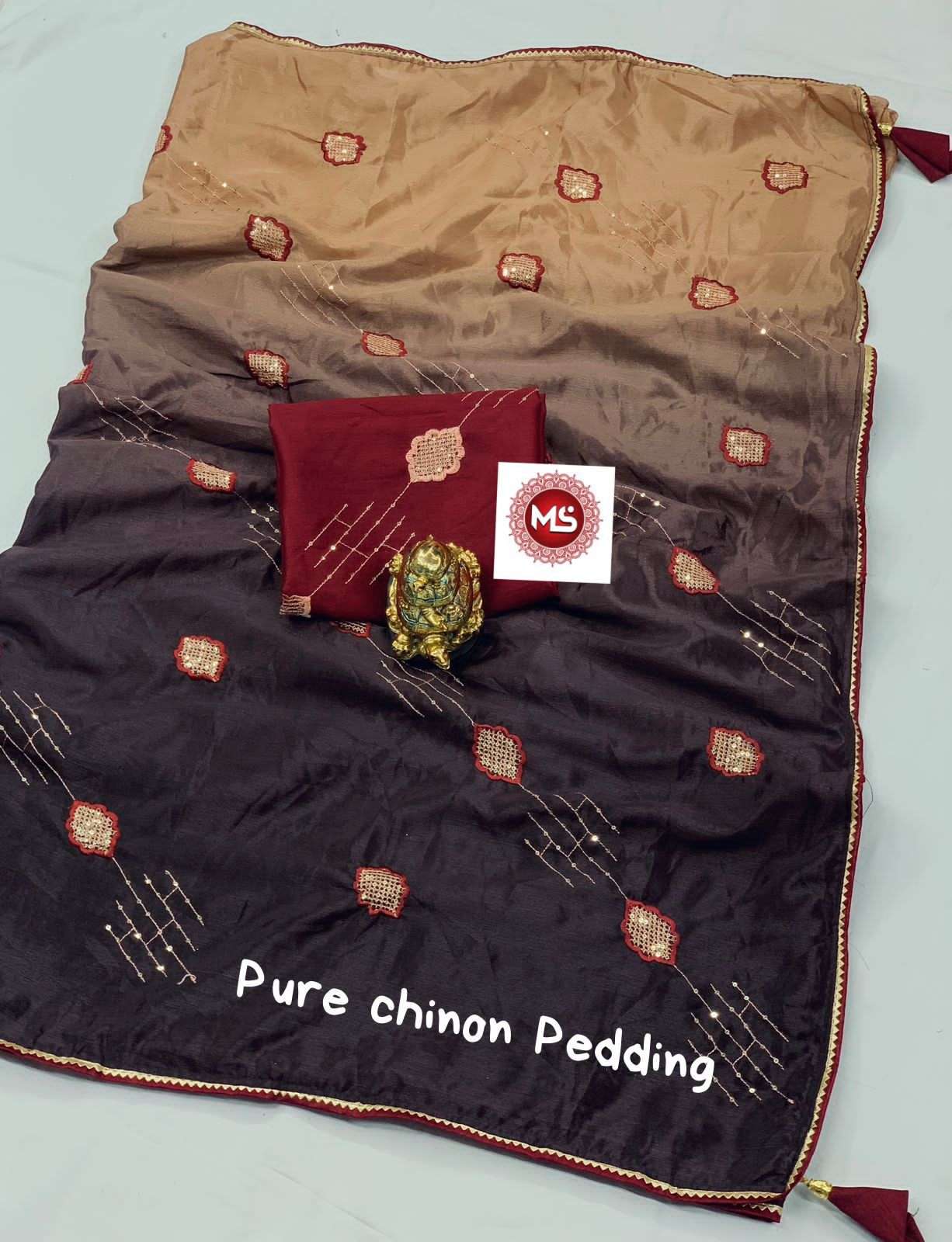 ms brand pedding designer chinon silk saree 