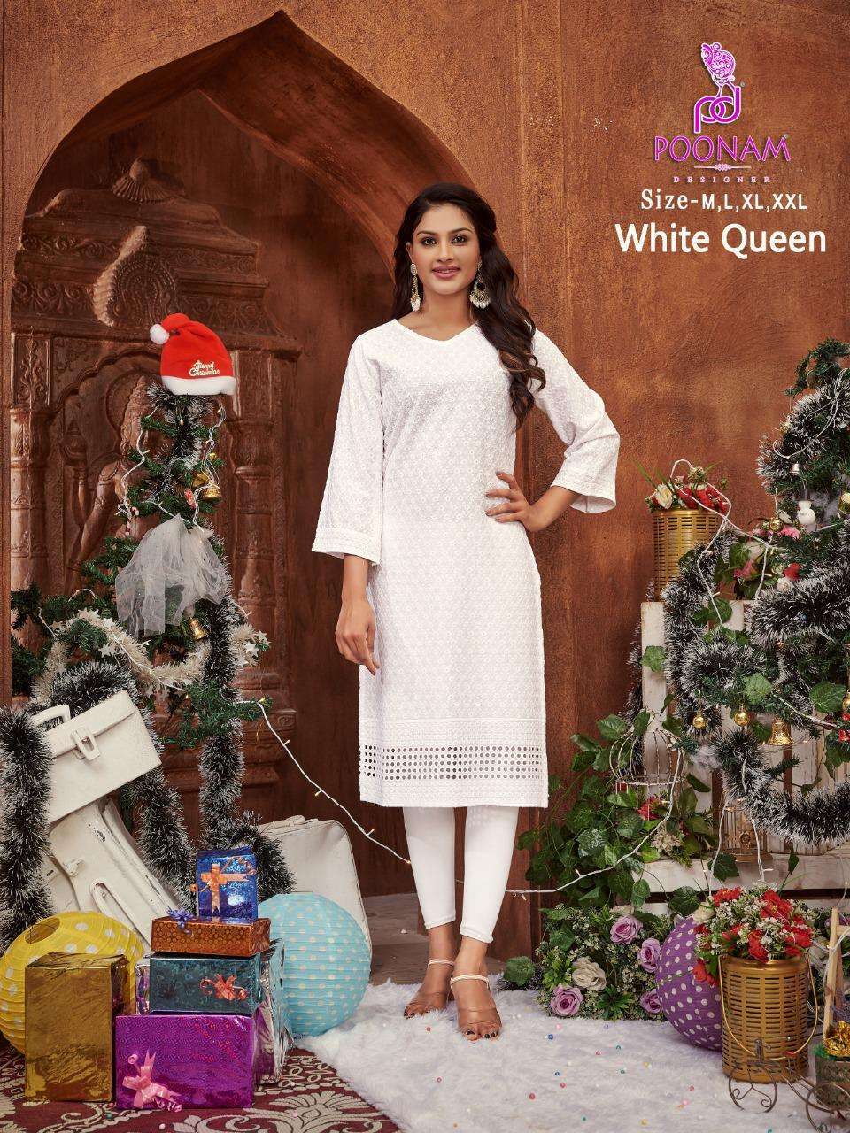 poonam designer white queen series 1001-1006 rayon kurti 