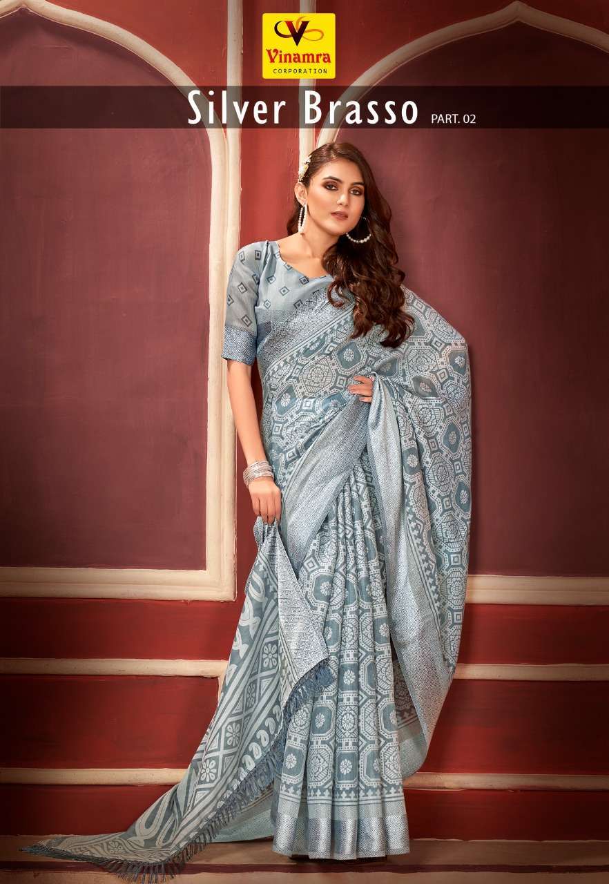 vinamra silver brasso vol 2 series 1009-1016 cotton brasso saree