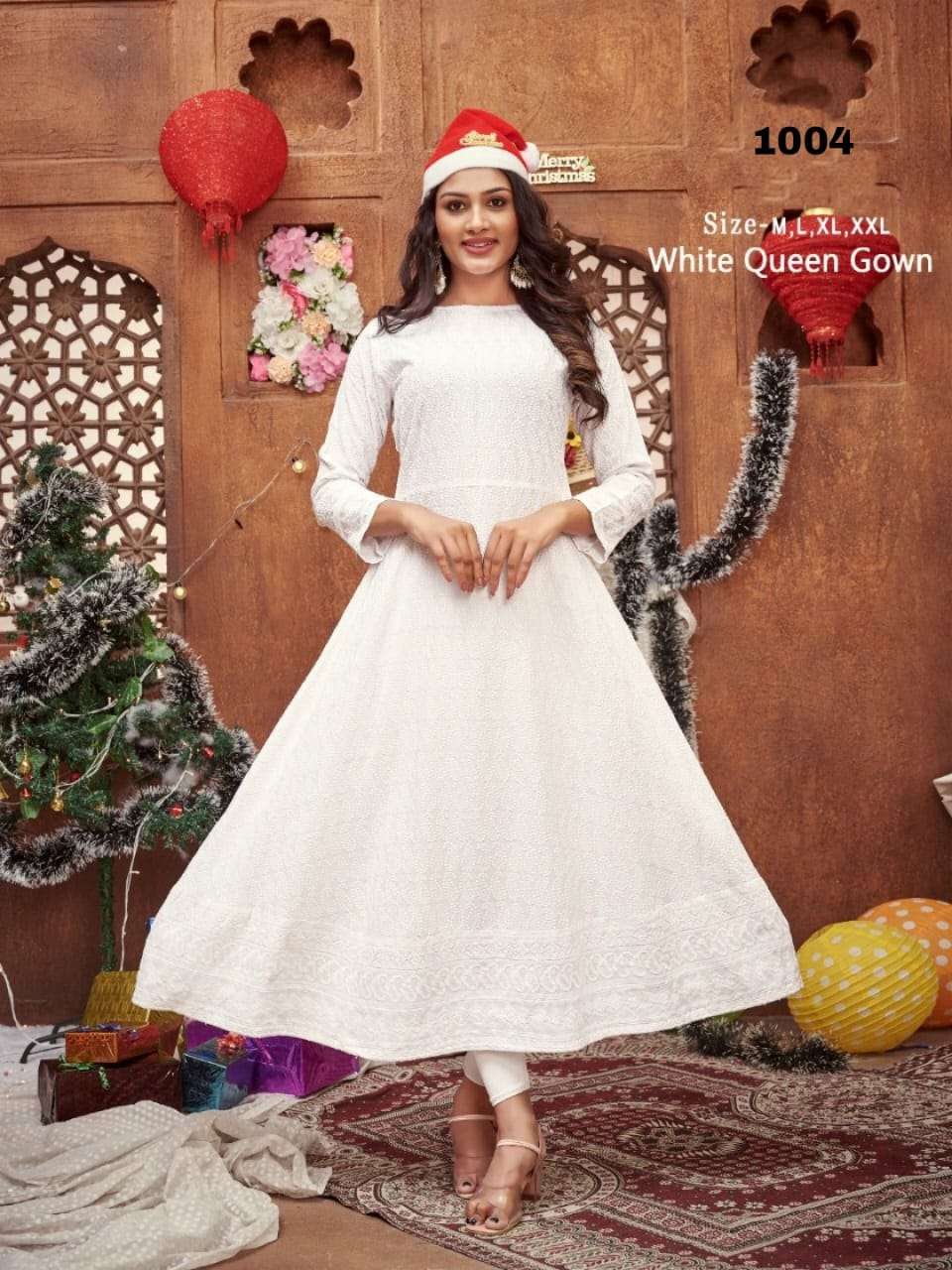 white queen gown Rayon full chikan work gown 