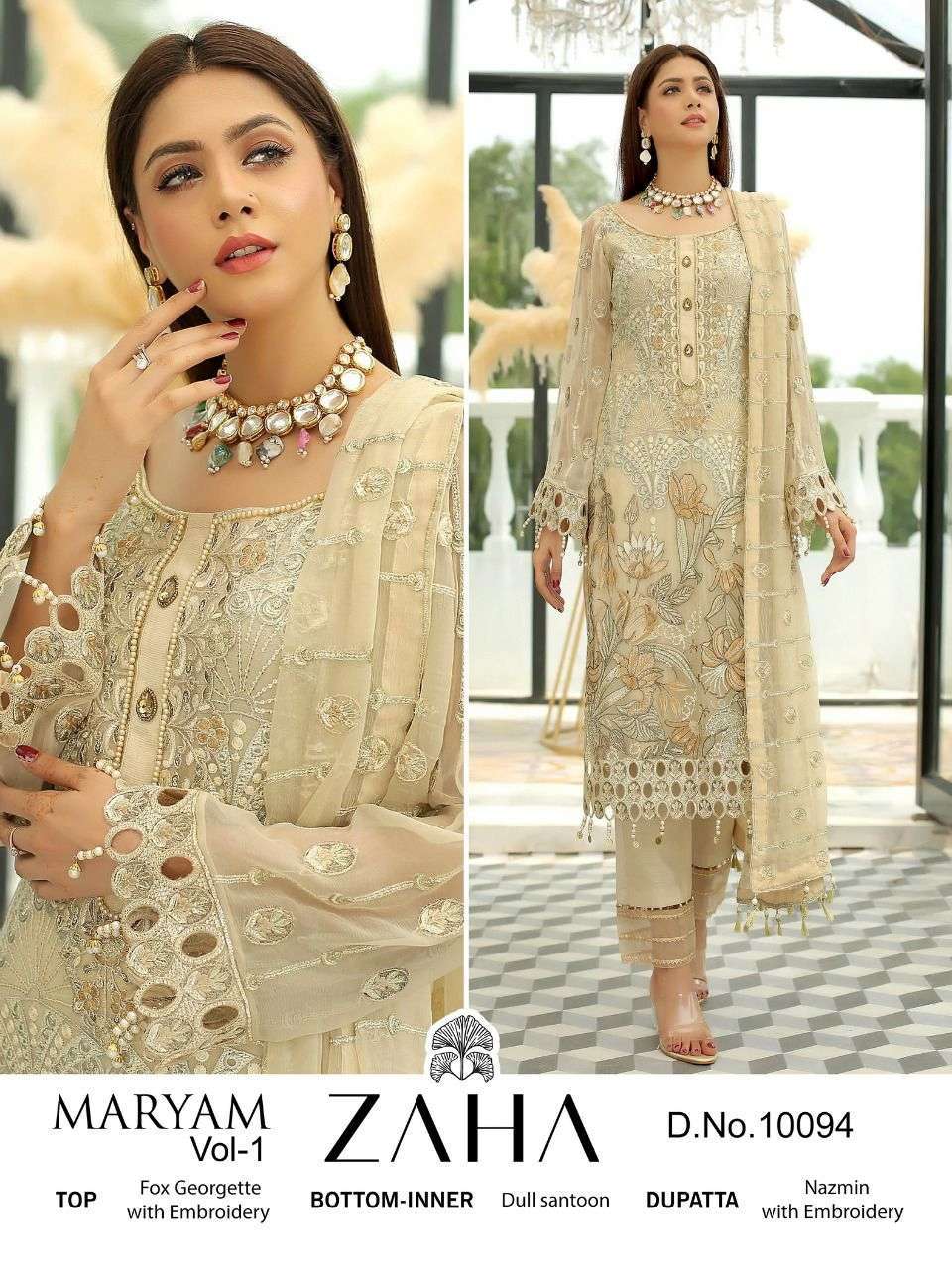 zaha maryam vol 1 series 10094 design georgette heavy embroidery suit 