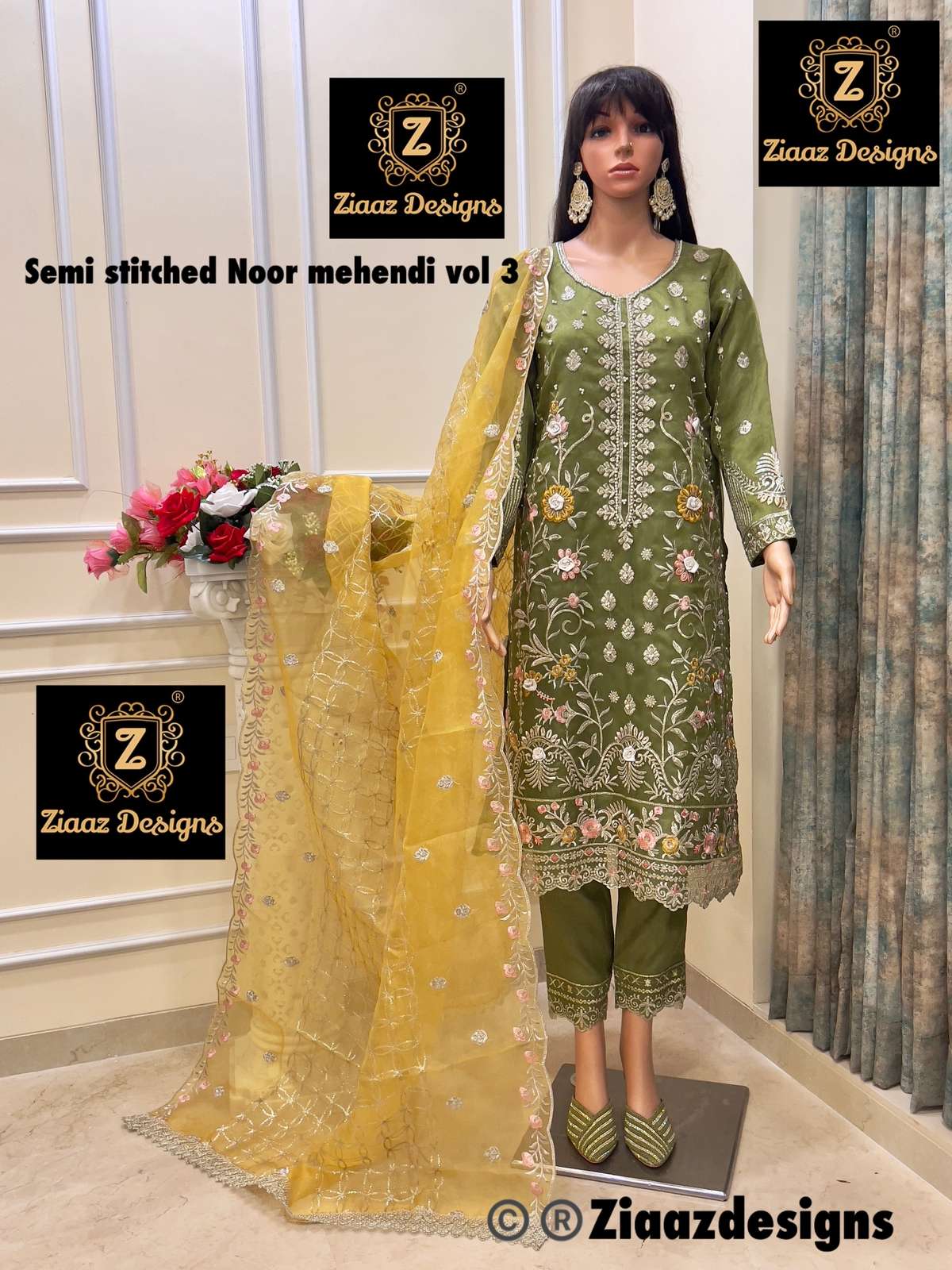 Ziaaz Designs Noor mehendi vol 3 Organza embroidered suit