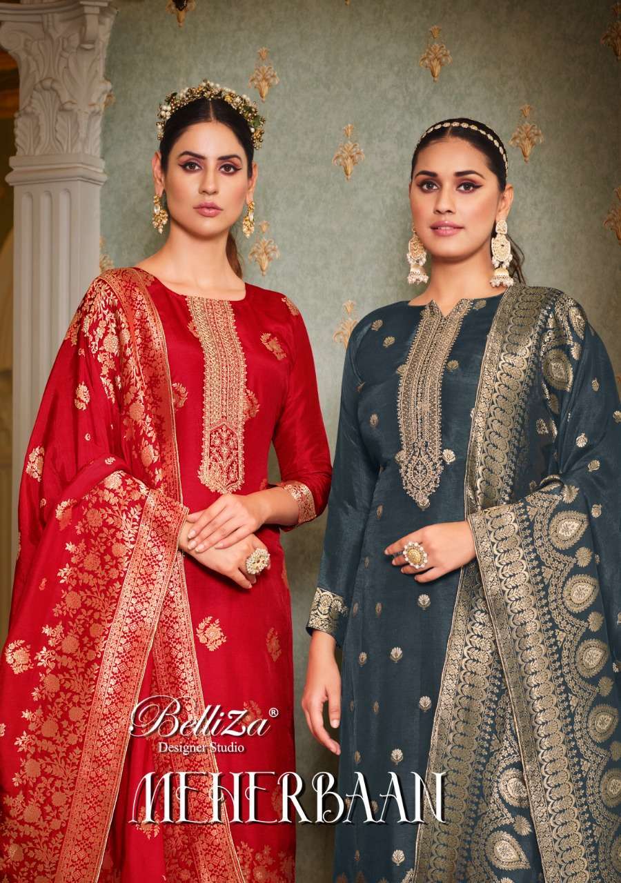 belliza meherbaan series 755001-75006 pure viscose dola jacquard suit