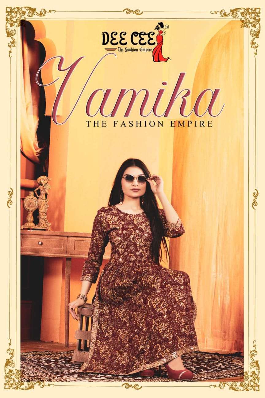 dee cee vamika series 1001-1006 rayon foil print kurti 