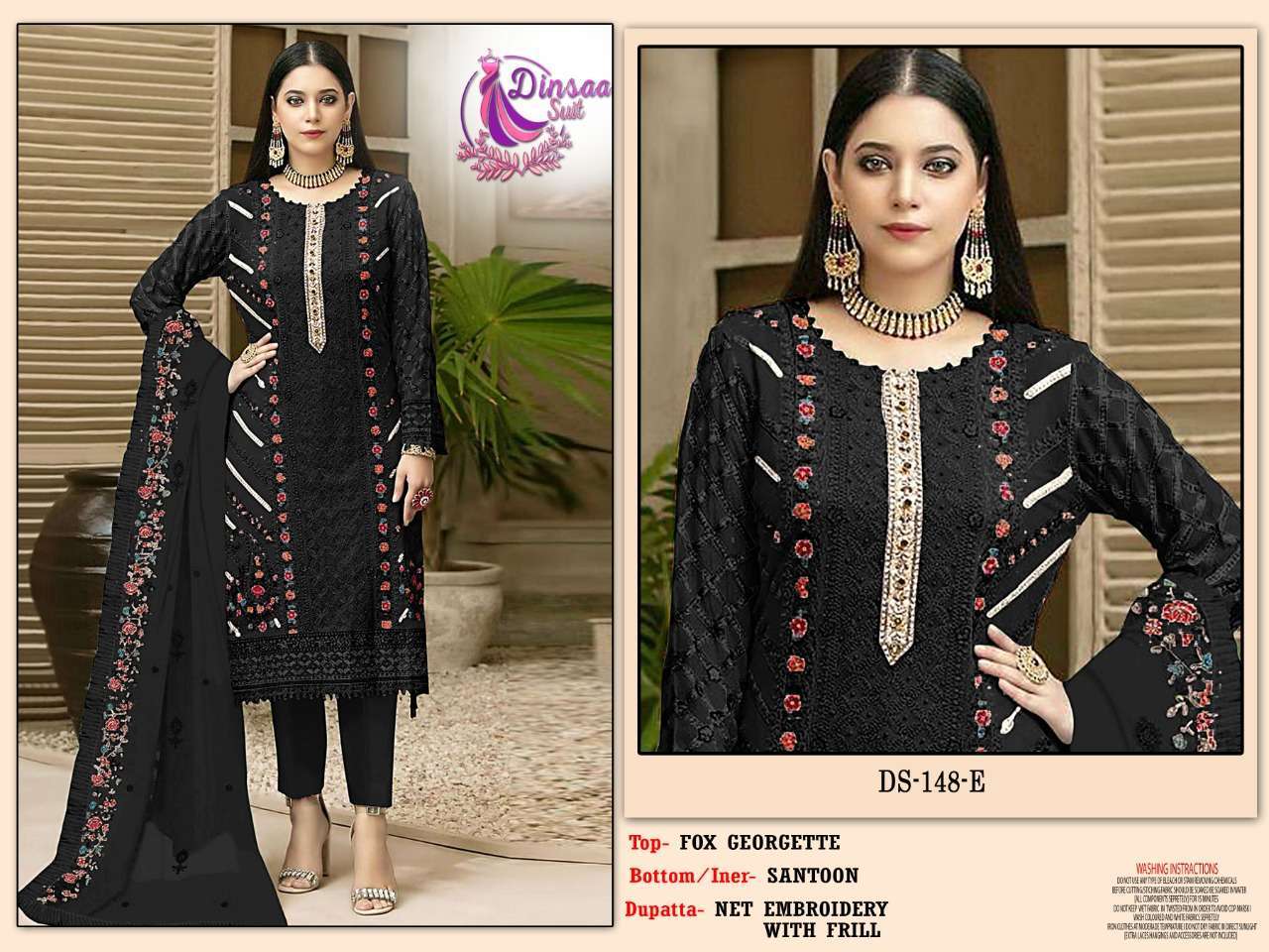 dinsaa suit series 148 E-F georgette embroidered pearl work suit 