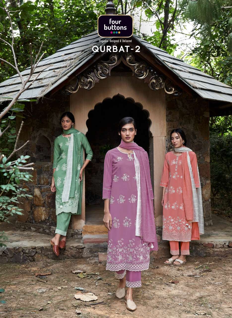 four buttons qurbat vol 2 series 3011-3016 pure modal silk readymade suit 
