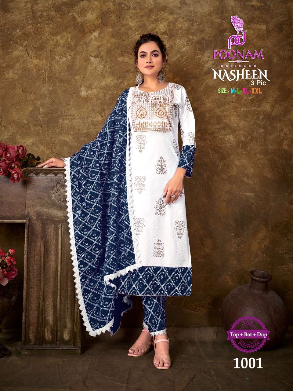 poonam nasheen series 1001-1004 pure rayon readymade suit 
