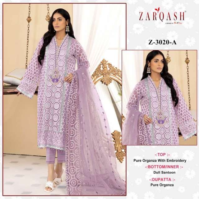 Zarqash Z-3020 Pure Organza with Embroidery suit