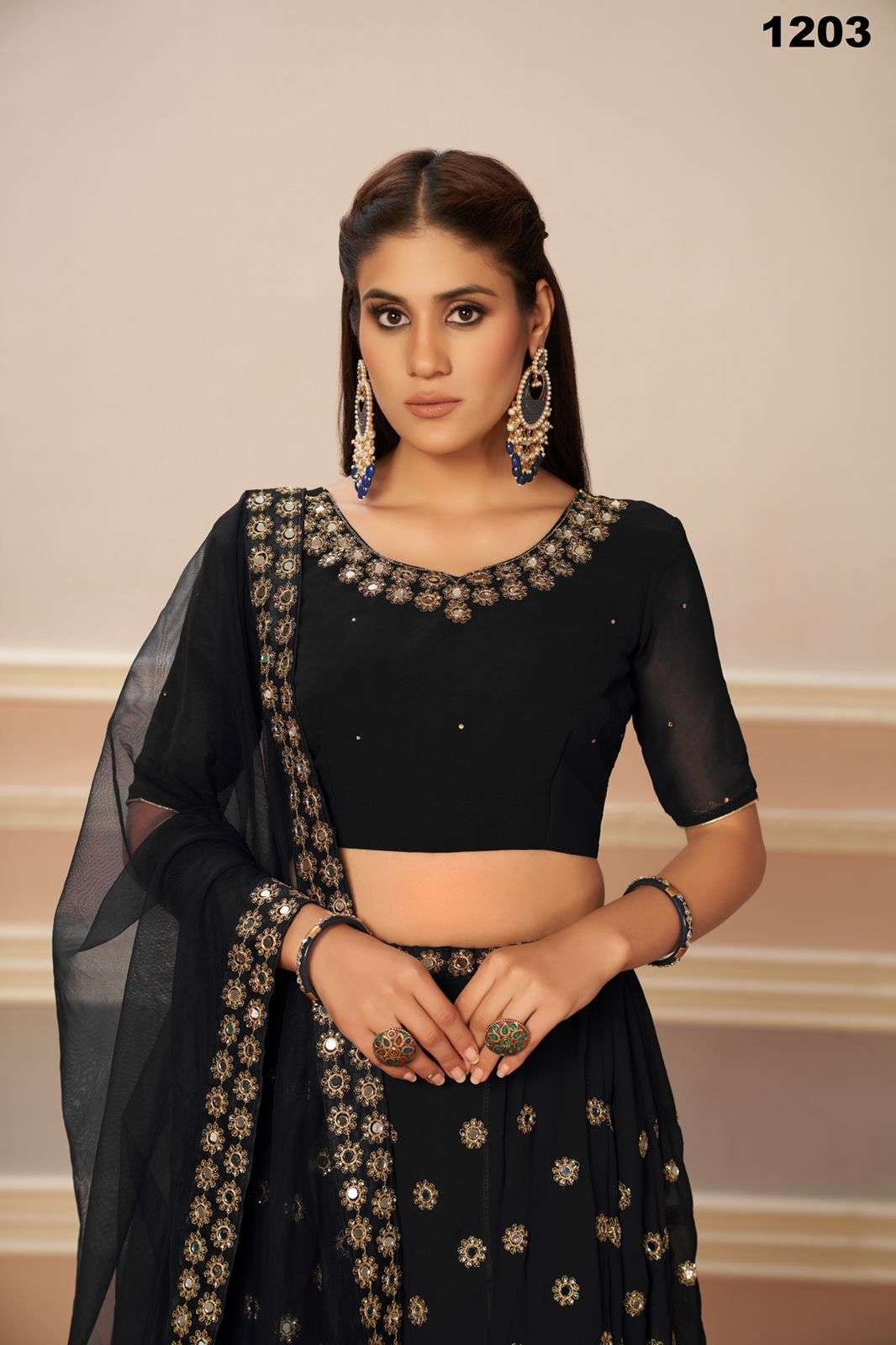 code 1203 black georgette real mirror lehenga 