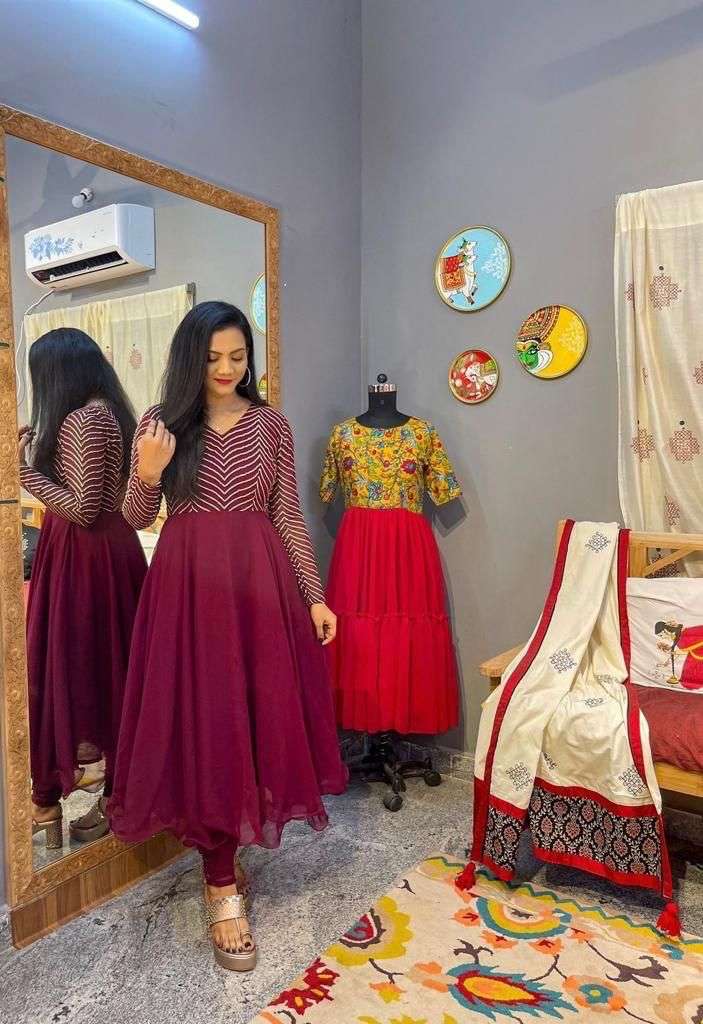 Georgette Anarkali with silver jari embroidery work for the yoke