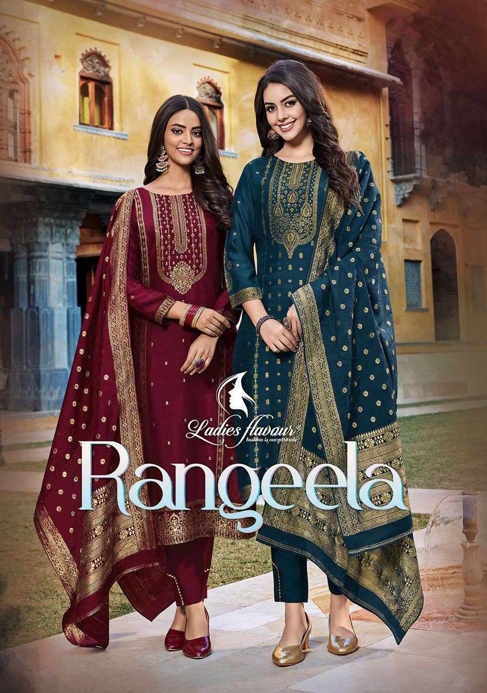 ladies flavour rangeela series 1001-1004 pure dola viscose jacquard readymade suit 