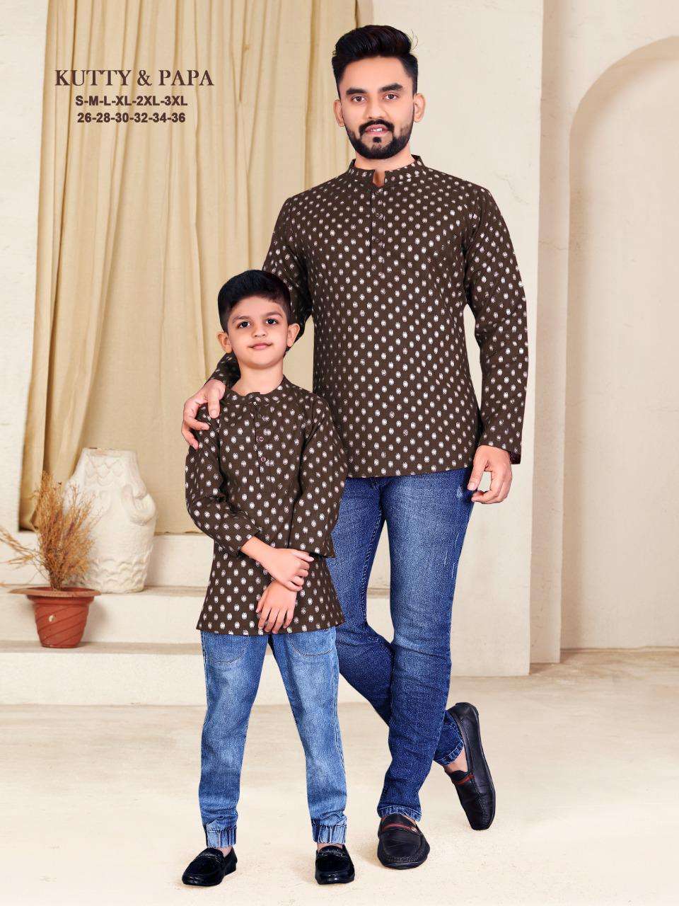 pr kutty & papa mens and kids short kurtas Cotton Slub with Foil Print Butti 