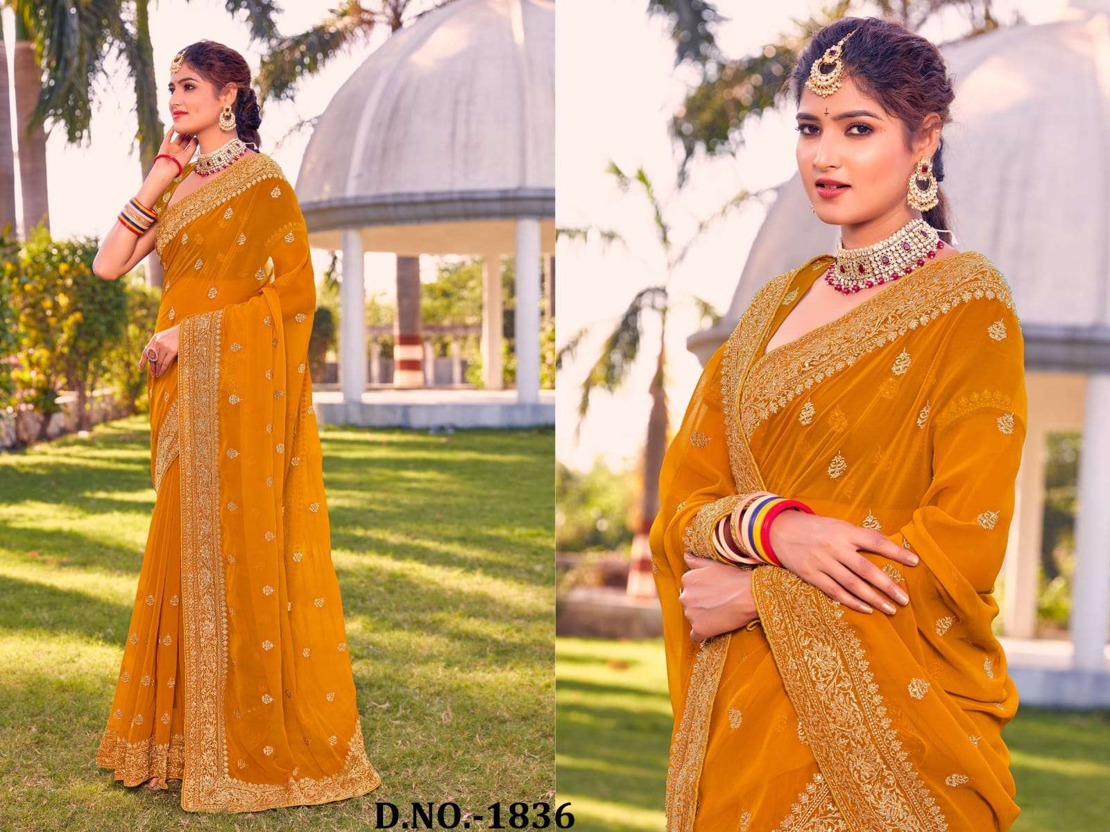 rashmik designer georgette heavy jari embroidery saree