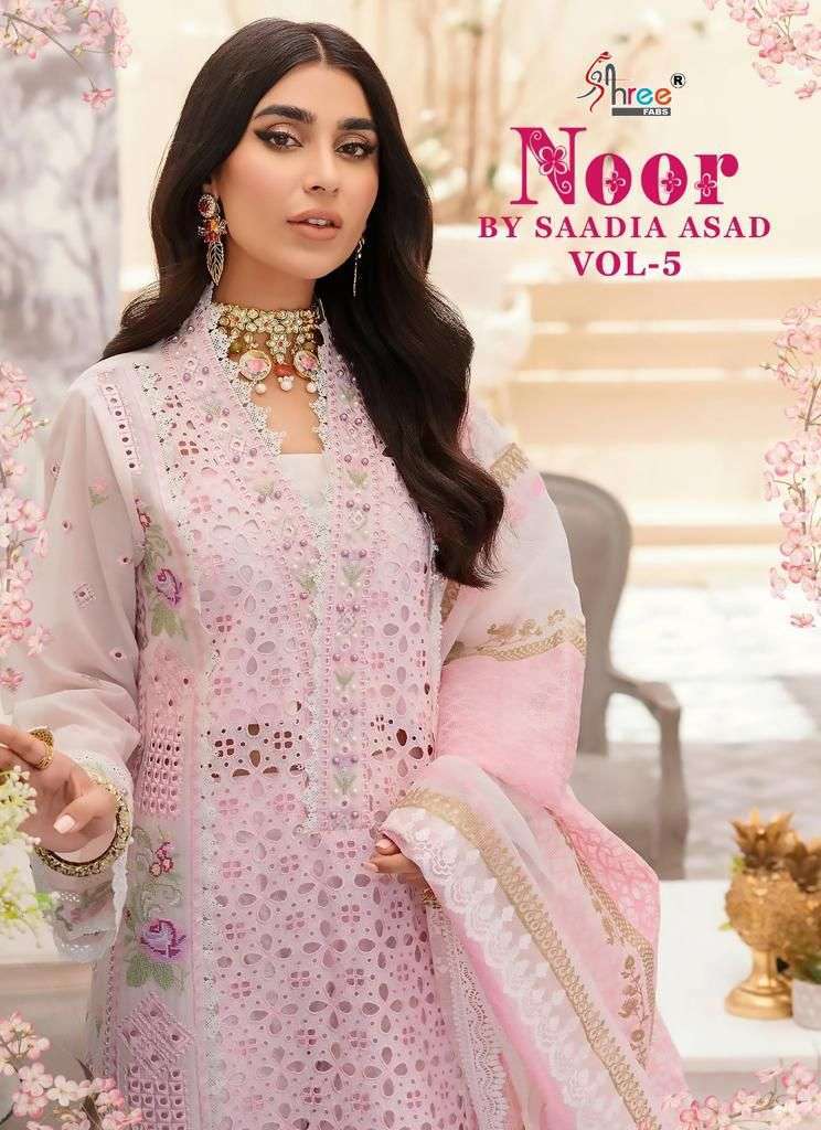 shree fabs noor by saadia asad vol - 5 series 2596-2600 pure cotton suit