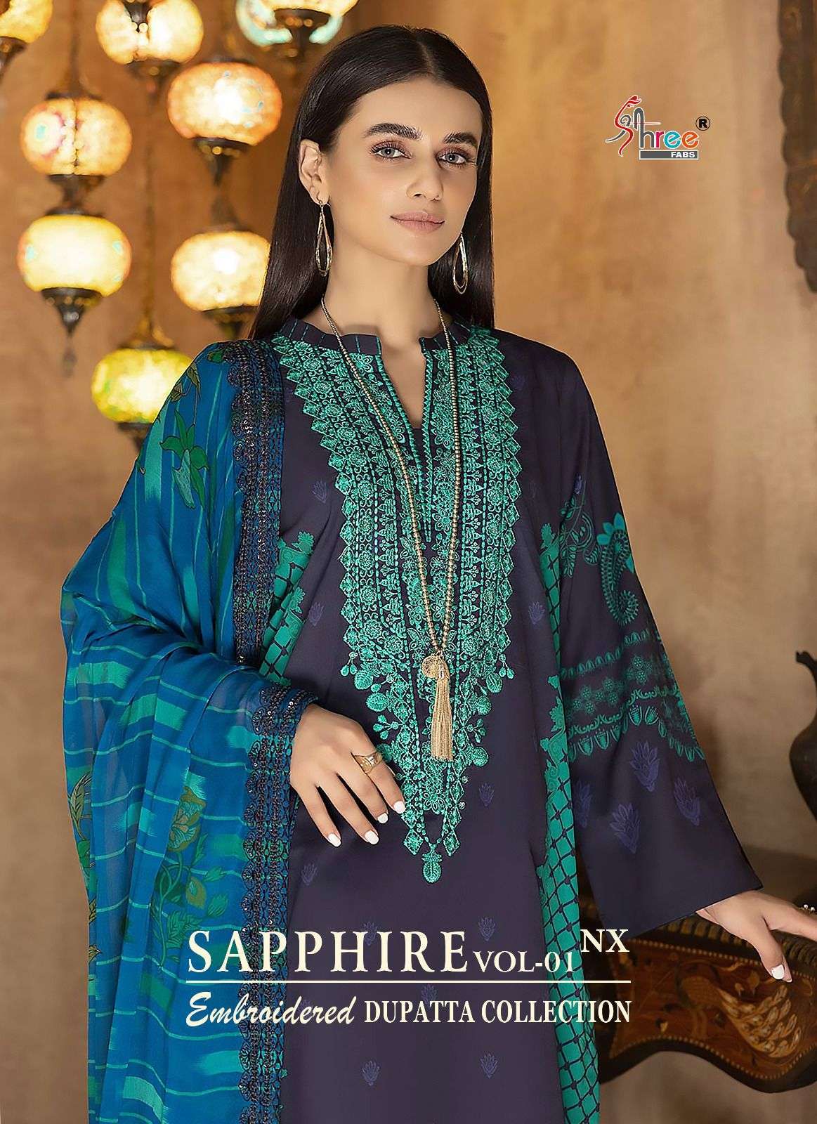 shree fabs sapphire embroidered dupatta vol 1 nx series 2555-2558 pure cotton suit