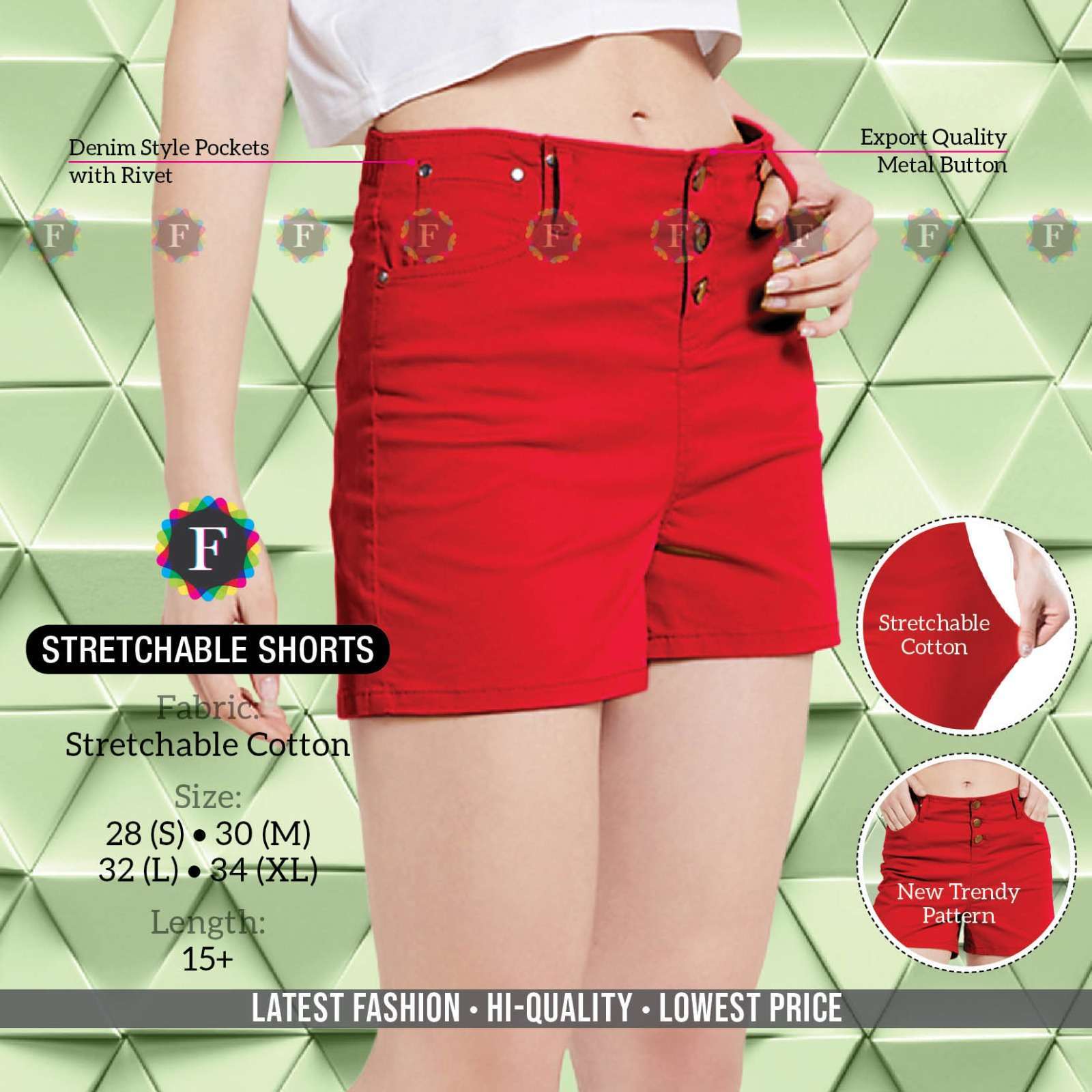 stretachable shorts Stretchable Cotton Denim Style Pockets with Rivets