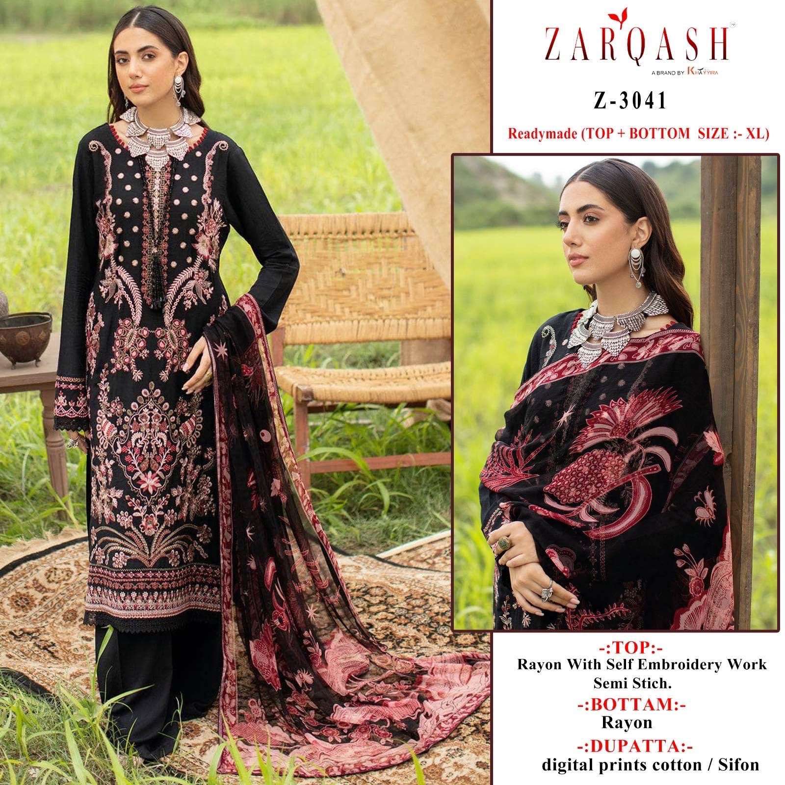zarqash z-3041 designer rayon embroidery work suit 