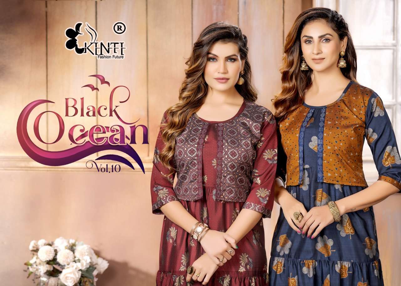 kinti black ocean vol 10 series 1001-1008 Poly Black Rayon Foil Print kurti