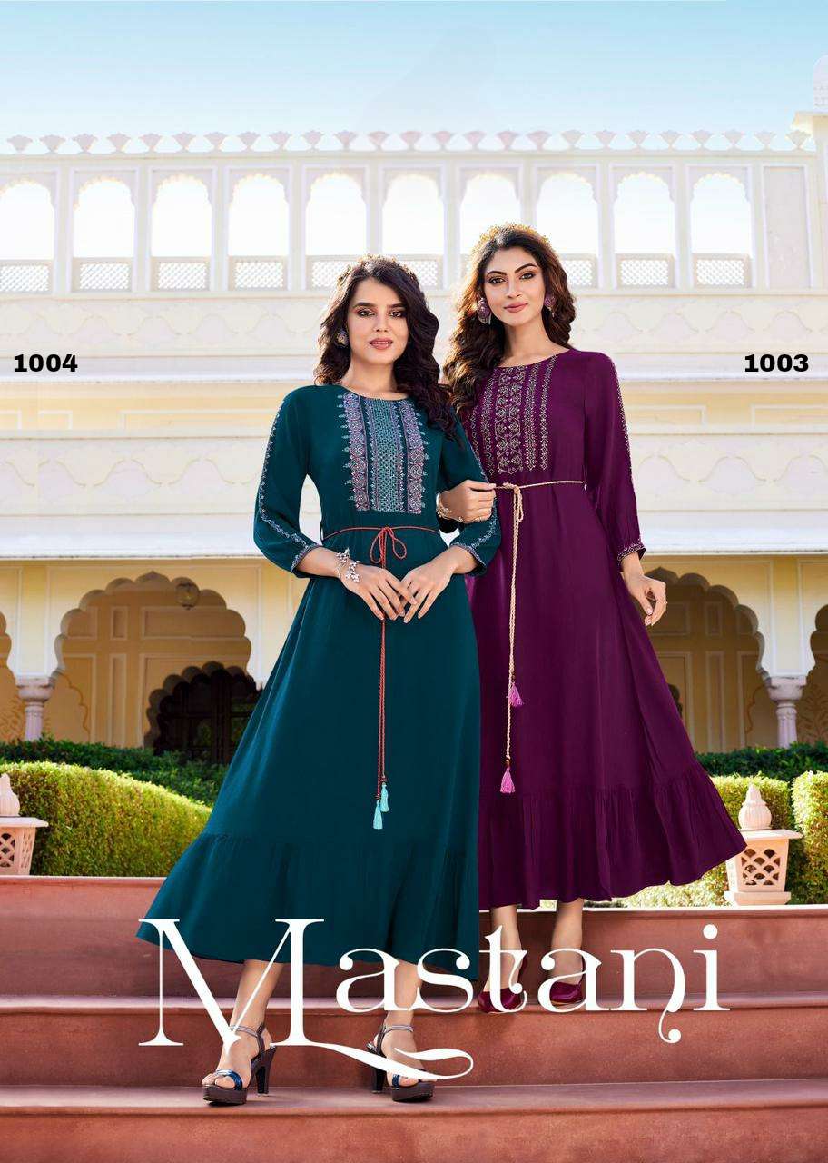 mastani designer Rayon Wrinkle With Embroidery kurti