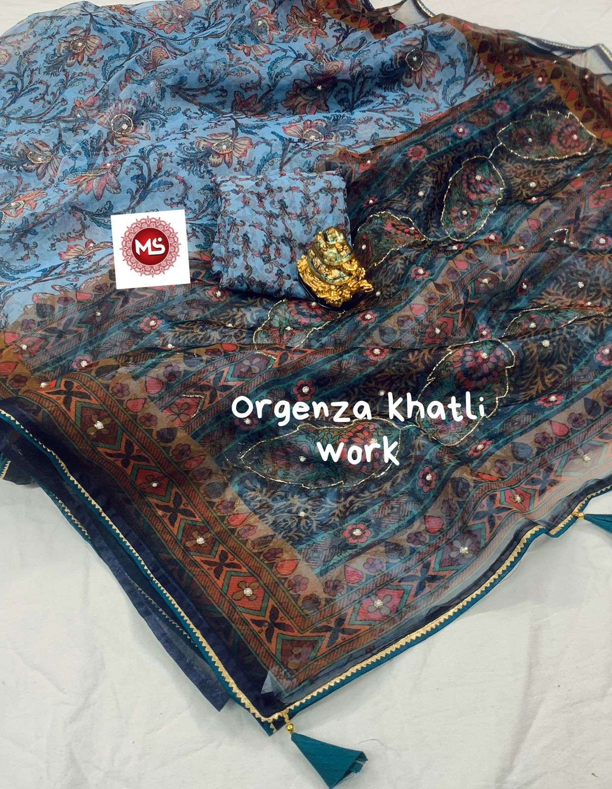 Ms brand organza digital print khatli work saree 