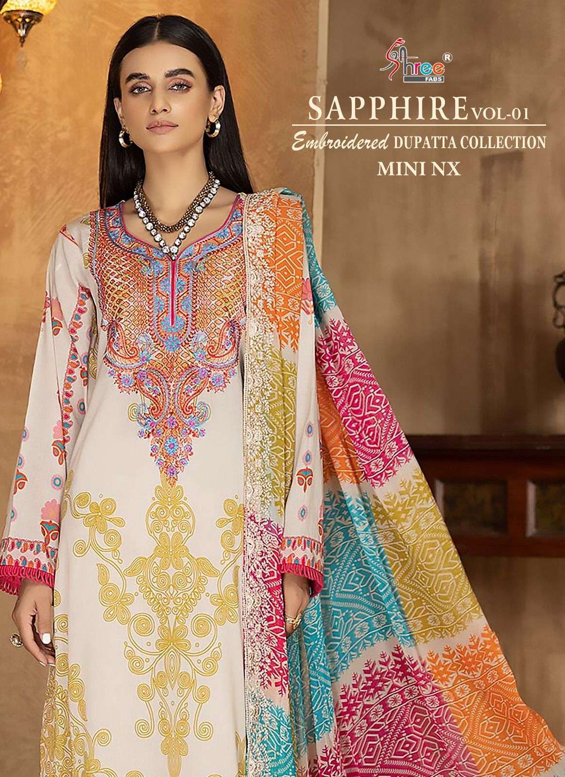 shree fabs sapphire embroidered dupatta collection vol 1 mini nx series 2555-2558 pure cotton suit  