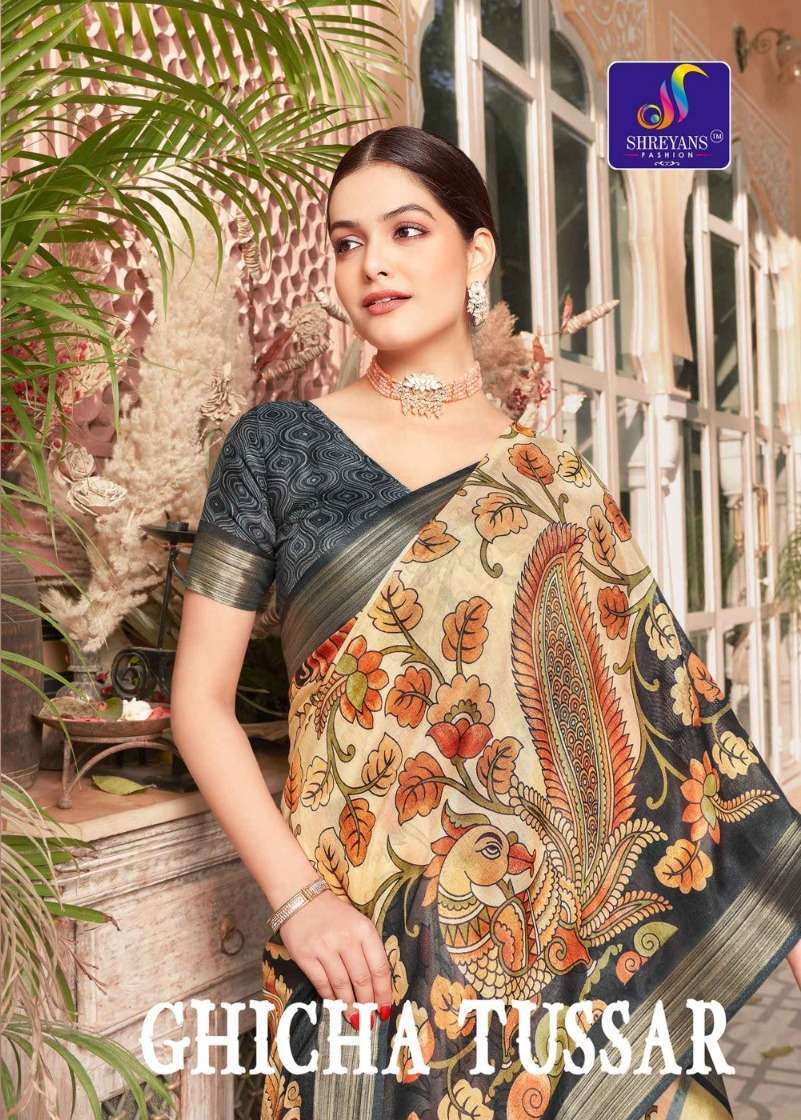 shreyans fashion ghicha tussar fancy cotton saree