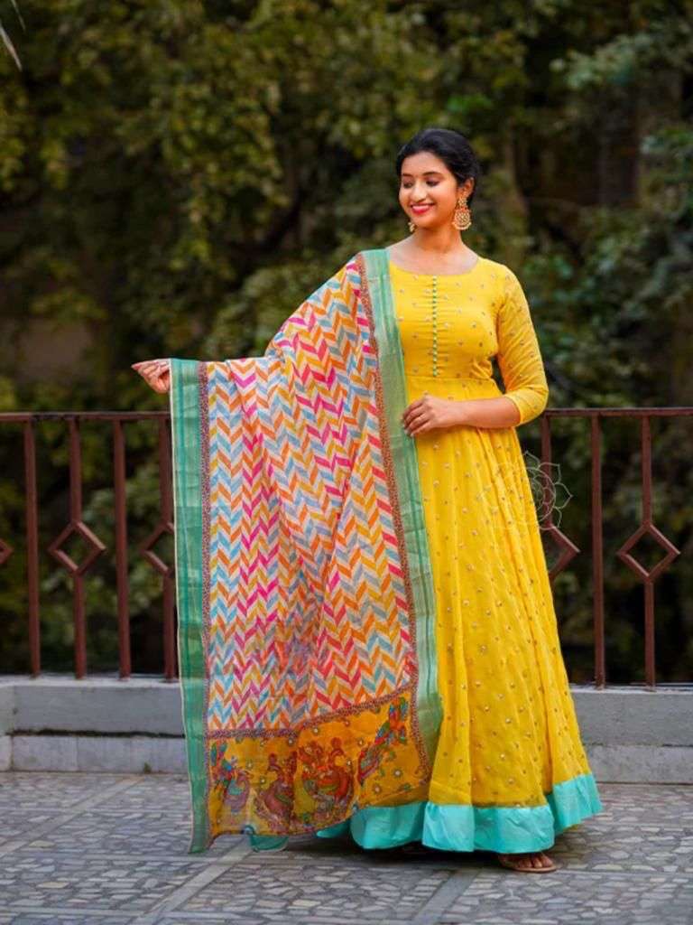 X-lady yellow sequence Maxi With Beautiful Figure Print Dupptta