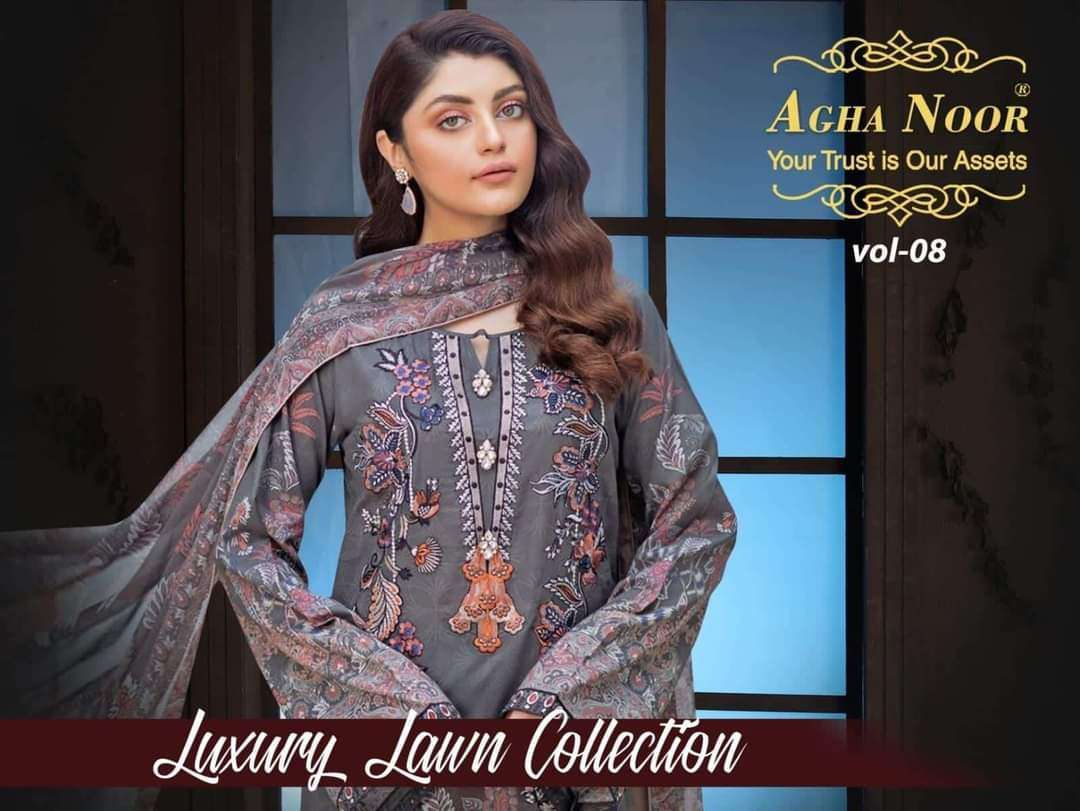 agha noor vol 8 series 8001-8006 lawn cotton suit 