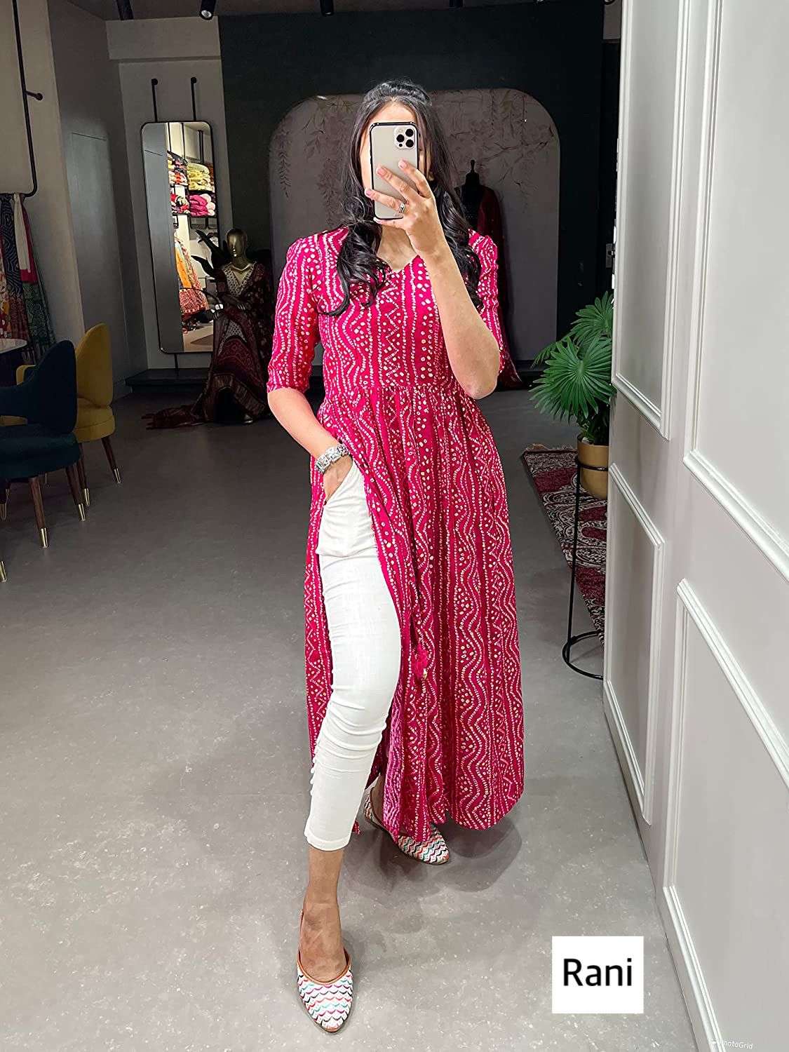 Bandhej half sleeves long rayon gown 