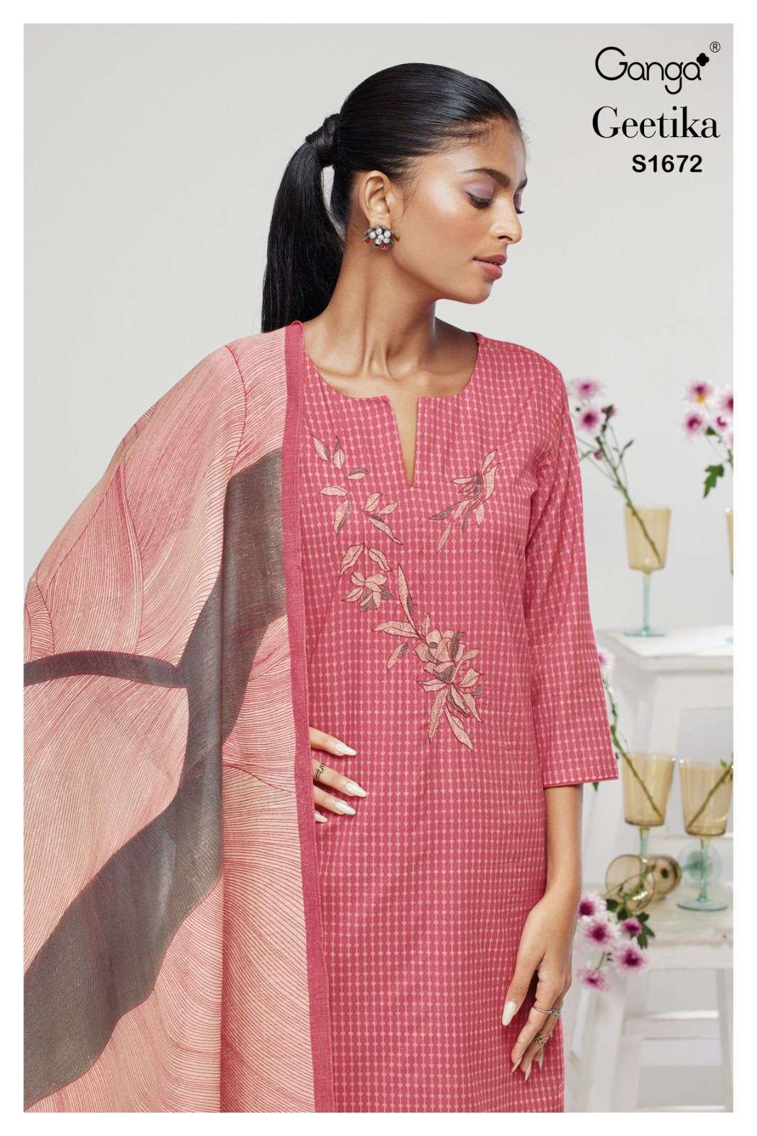 ganga geetika 1672 premium cotton printed with embroidery suit 