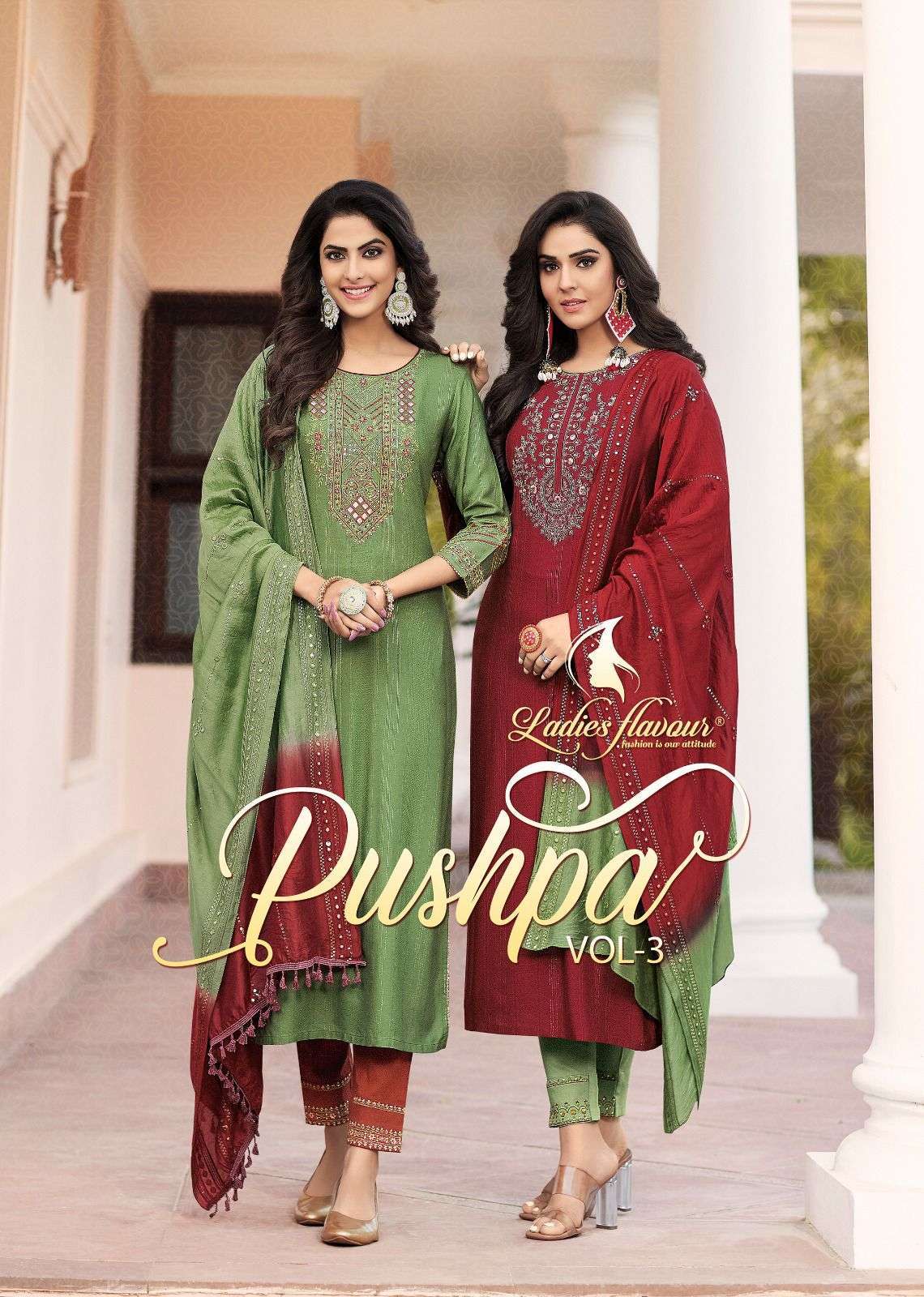 ladies flavour pushpa vol 3 series 3001-3006 Pure Rayon Viscose suit 