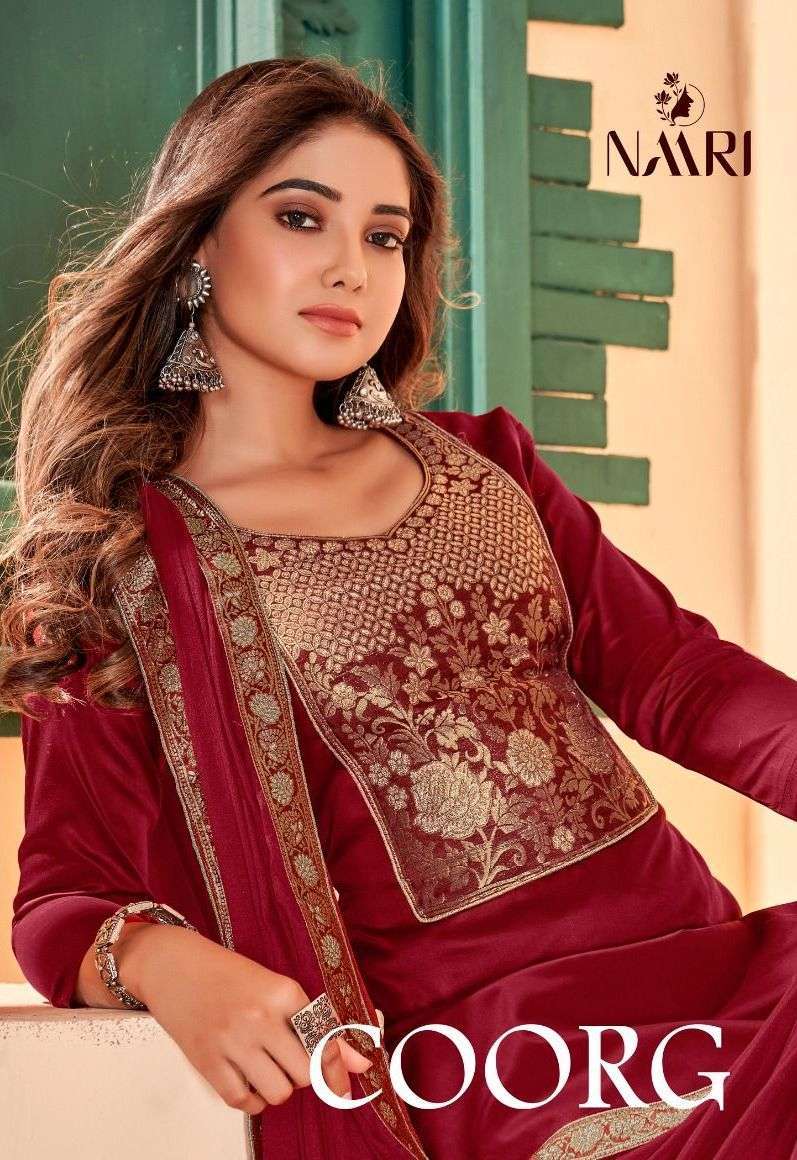 naari coorg series 7601-7604 Pure jam with jacard lace-neck suit