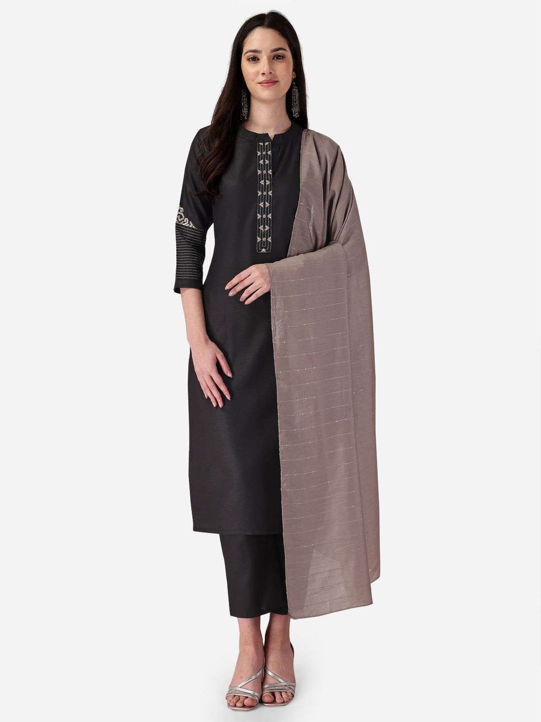 pr 118-120 Cotton Slub Women Kurta Pant With Dupatta Set 